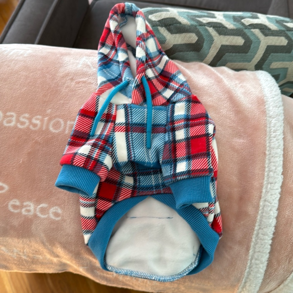 Plaid Blue & Red Dog Hoodie with Hood and Drawstrings
